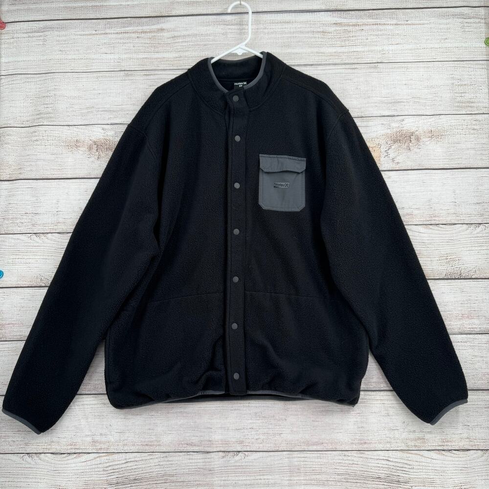Hurley Fleece Snap Down‎ Jacket Mens XXL Black Gray 3 Pocket